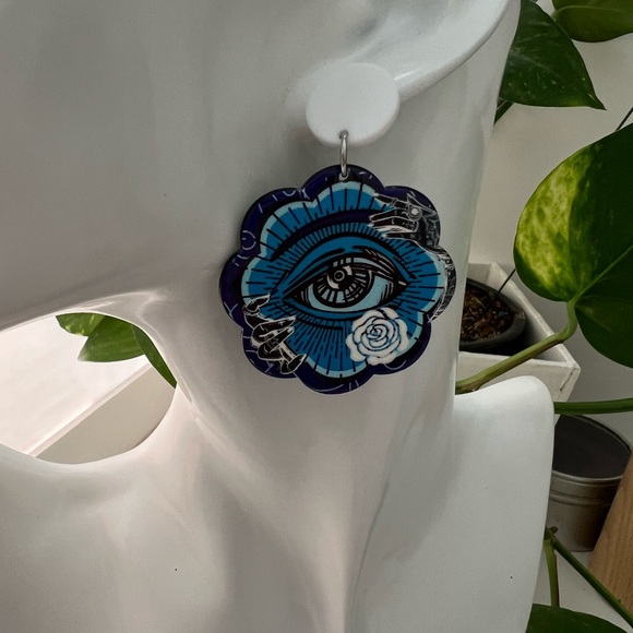 Blue Goth All-Seeing Eye Dangle Earrings  - Retro Punk/Emo Earrings - Picture 4 of 5